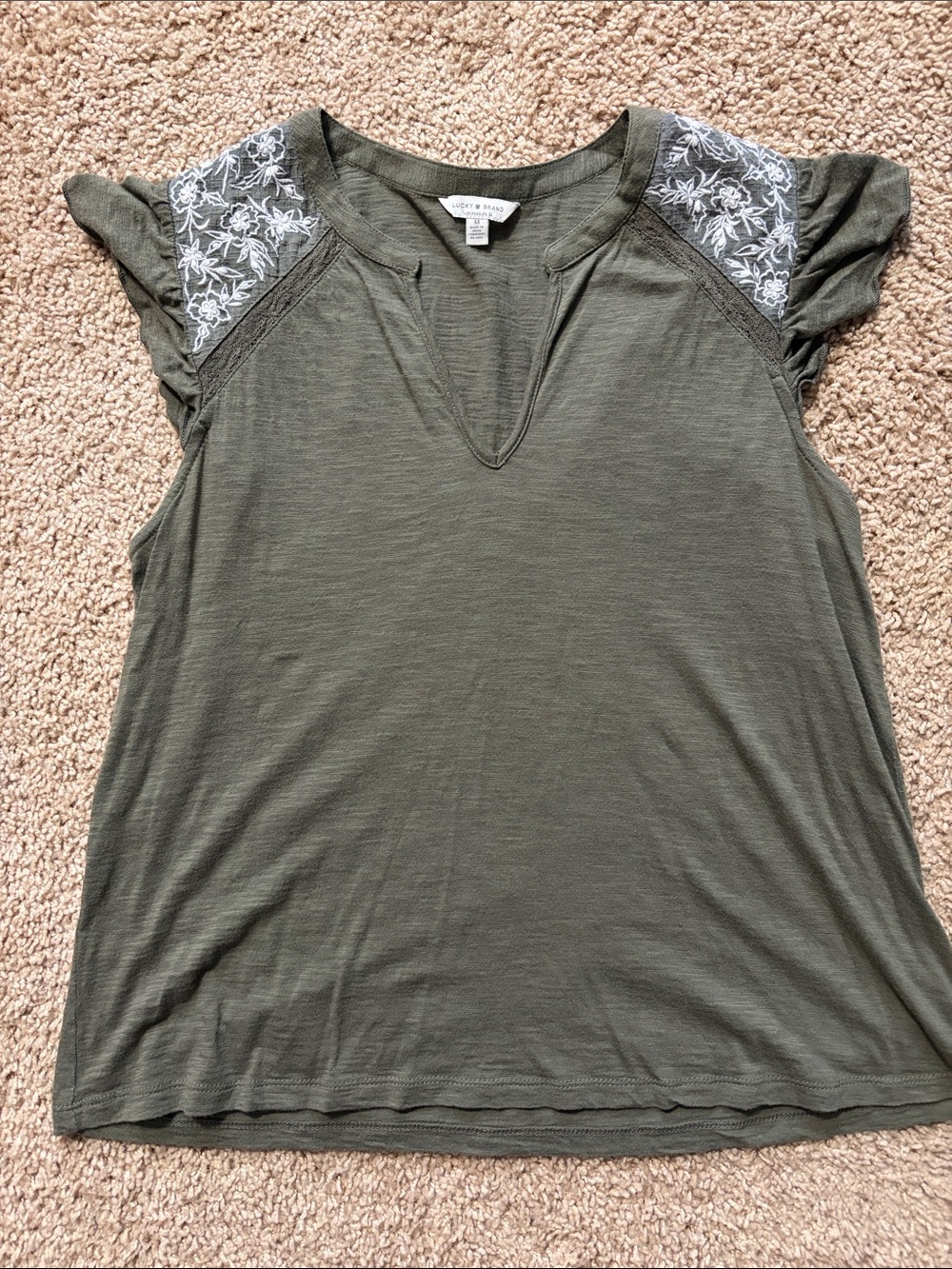 Lucky Brand Olive Green Split V-Neck Tank with White Floral Lace Shoulders
